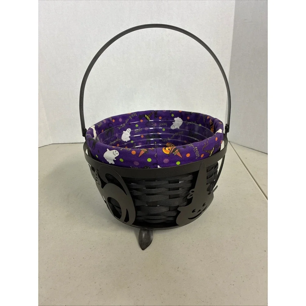 Longaberger‎ Halloween Basket Black Woven Metal Stand Ghost Cat Liner Protector